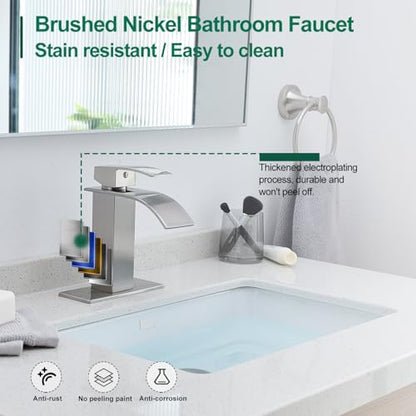 VOTON Waterfall Bathroom Faucets Brushed Nickel Modern Single Handle Sink Faucet for 1 or 3 Holes with Deck Plate and Pop-Up Drain, Rv Sink Camper Farmhouse Faucet - color: Brushed Nickel