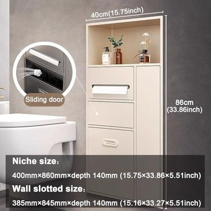 Recessed Bathroom Niche Cabinet, Stainless Steel Wall Mounted Bathroom Storage Organizer with Trash Can, Tissue Holder & Detachable Shelves, Waterproof Shower Niche Bathroom Shelf - color: White