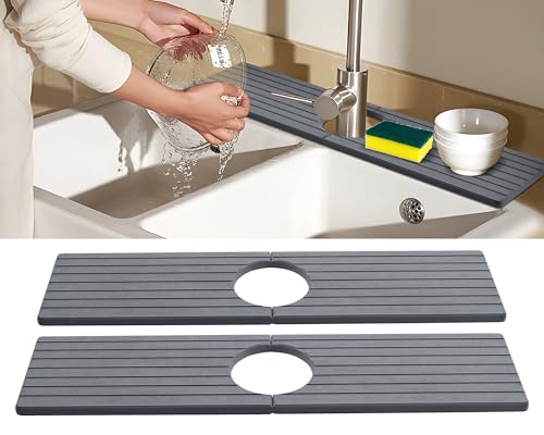 2 Pack Stone Faucet Mat for Kitchen Faucet Sink, 23.6x4 Inches, Dark Grey | Olldag Quick Drying Splash Guard Water Protector & Drip Catcher for Bathroom Counter - size: 23.6x4 Inch