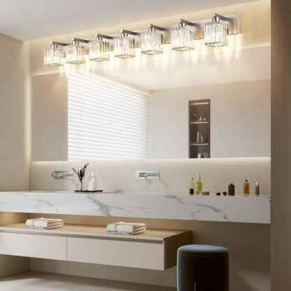 Aipsun Brushed Nickel Bathroom Light Fixtures Crystal Vanity Lighting Fixture Modern Bathroom Vanity Light 7 Light (Exclude Bulb) - color: Brushed Nickel, size: 58 inch