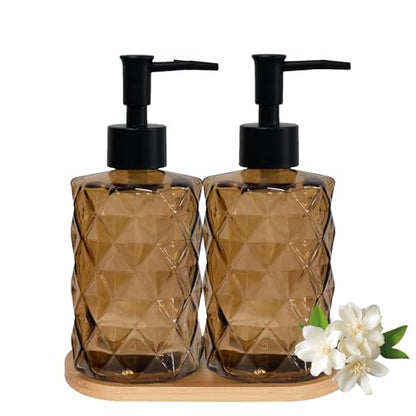 12oz Brown Glass Hand and Dish Soap Dispenser Set, Diamond Design, Set of 2 | Bathroom Soap Dispenser with Plastic Pumps, Bamboo Tray for Hand Wash & Dish Wash, for Bathroom Kitchen Countertop - color: Brown