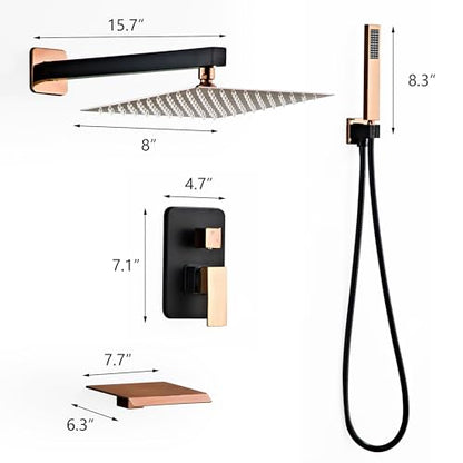 Rainfall Shower Faucet Set with Tub Spout 8 Inch Shower Head | Rain Shower and Handheld Shower System Square Wall Mount for Bathroom - color: Black＆Gold, style: 8 Inch