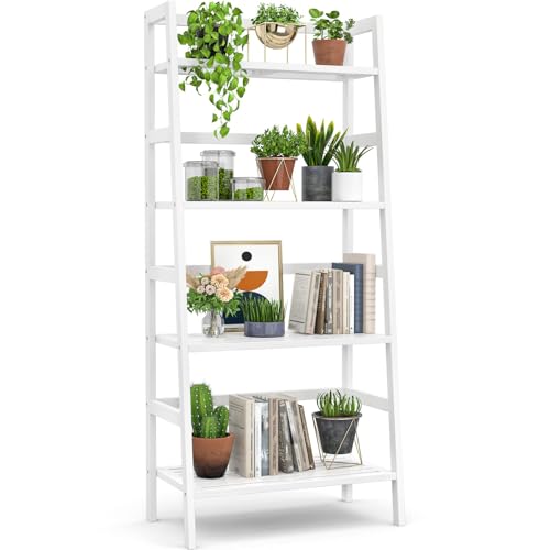 Ladder Shelf, 4-Tier Bamboo Ladder Bookshelf, 49.2” White Book Shelf, Open Bookcase Freestanding Plant Stand for Small Space, Bathroom, Living Room, Bedroom, Home Office - color: White