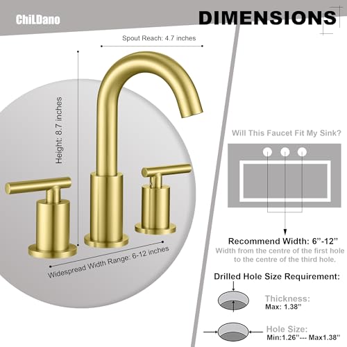ChiLDano Brushed Gold Bathroom Faucet 3 Hole for Sink Widespread 2 Handles | Gold Vanity Faucet with Drain and Hose, Brushed Brass Gold Sink Faucet for Bathroom, 8 inch 3 Hole Faucets for Bathroom Sink - color: Brushed Gold