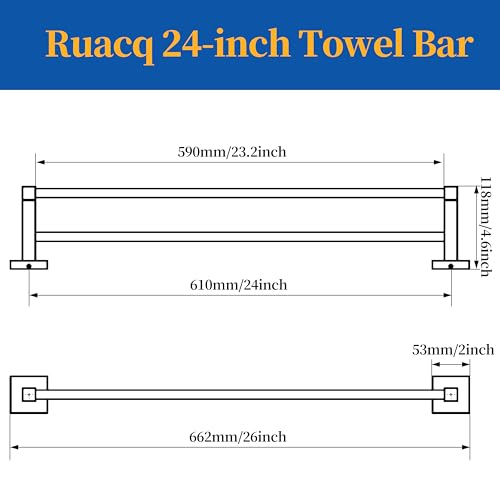 RUACQ Double Towel Bar 24" Towel Racks for Bathroom Wall Mounted Black | One-Piece Bath Towel Holder, Total Length 26 Inch Single Towel Rod, 304 Stainless Steel Rustproof, Square Base, Heavy Duty - color: Matte Black, size: 24 inch(Center to Center) Doubl