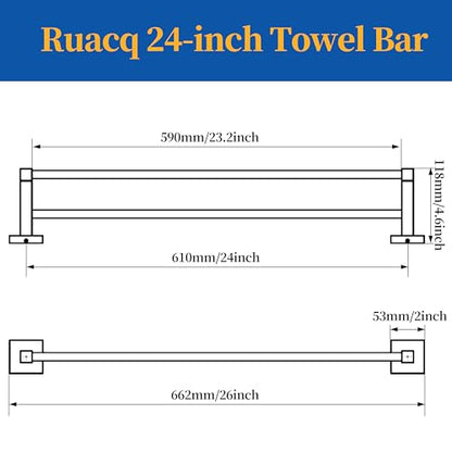 RUACQ Double Towel Bar 24" Towel Racks for Bathroom Wall Mounted Black | One-Piece Bath Towel Holder, Total Length 26 Inch Single Towel Rod, 304 Stainless Steel Rustproof, Square Base, Heavy Duty - color: Matte Black, size: 24 inch(Center to Center) Doubl