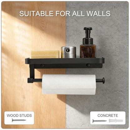 Paper Towel Holder Wall Mount with Shelf, Bathroom/Kitchen Paper Towel Holder, Effortless One-Handed Tear, Rust-Proof Metal for Bedroom - color: Black