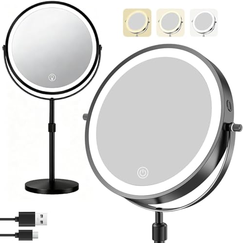 8.5" Lighted Makeup Mirror, 3000 mAh Rechargeable Double Sided Magnifying Vanity Mirror with 3 Colors, 1x/10x Magnifying, Brightness Adjustable Magnification Cosmetic Light up Mirror, Black - color: Black