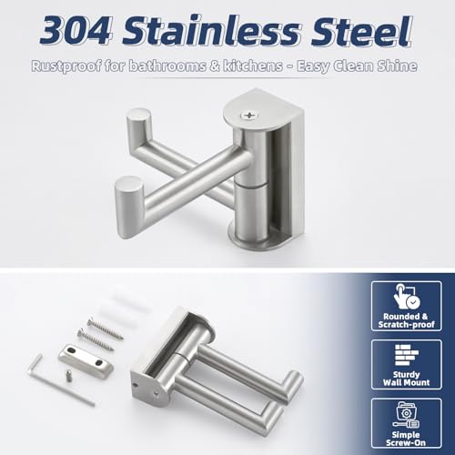 Double Swivel Towel Hook, Brushed Nickel, 304 Stainless Steel | 180° Adjustable Positions, Fold-Flat Storage, Upturned End Stops, Towels, Robes & Bags, Bathroom, Kitchen & Closet Use - color: Brushed Nickel, size: 1 Pack