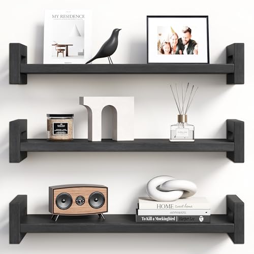 Vailando Floating Shelves for Wall, Set of 3 Solid Wood Wall Mounted Shelves, 16" Black Display Shelf for Bedroom, Living Room, Bathroom, and Kitchen Decor - Heavy-Duty & Natural Pine - color: Black, size: 16 inch