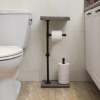 MyGift Freestanding Toilet Paper Holder Stand with Rustic Wood Shelf | Bathroom Tissue Dispenser Rack, Floor Standing Metal Wire Basket, Farmhouse Lavatory Spare Roll Storage Caddy Container