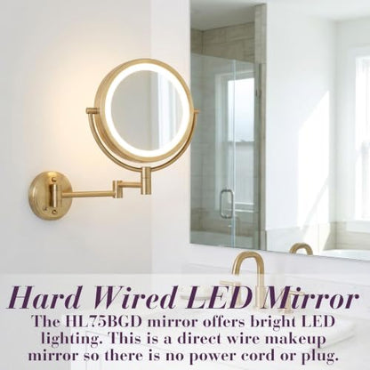 JERDON Hardwired Wall-Mount Makeup Mirror - 8X/1X - Gold - HL75BGD | 8.5" Diameter, 13.5" Wall Arm, LED Lighting, Direct Wire Installation - color: Gold Direct Wire