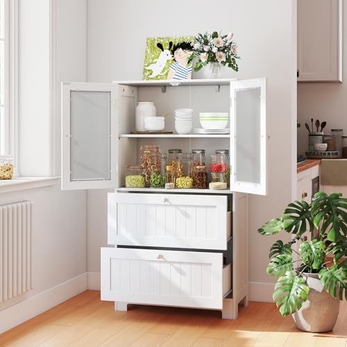 Tangkula Bathroom Floor Storage Cabinet, Freestanding Cupboard Pantry with 2 Drawers and 2 Frosted Glass Doors, Adjustable Shelf, for Kitchen, Living Room, Dining Room, 23.5" x 12" x 42.5" (White)