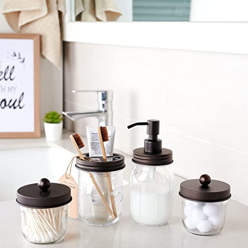 Amolliar Mason Jar Bathroom Accessories Set(4 Pack) -Bronze-Lotion Soap Dispenser&Qtip Holder Set&Toothbrush Holder-Rustic Farmhouse Decor Apothecary Jar Bathroom Countertop,Vanity Organize (Bronze) | Lotion Soap Dispenser, 2 Qtip Holder Set, Toothbrush H