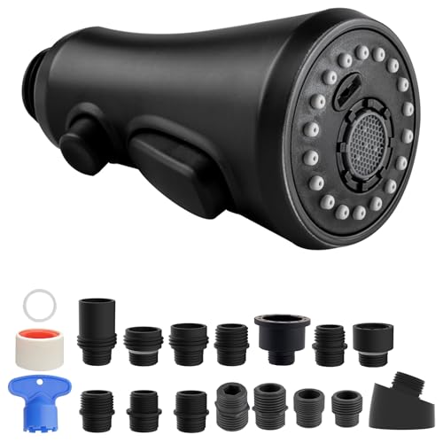 Hibbent Pull Down Spray Head for Kitchen Faucet, NSF/ANSI/CAN 61 & CUPC Certified 3-Function Spray Nozzle, 15 Adapters, Sink Faucet Head Replacement Compatible with Moen, Delta, Kohler, Matte Black - color: Matte Black, style: 1.8 Gallon Per Minute