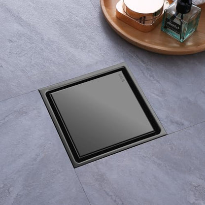 Hidden Brushed Square Shower Floor Drain, Black 6 inch, 304 Stainless Steel, with Flange, Detachable Cover Embedded in Ceramic Tiles - color: Hidden Black, size: 6 inch