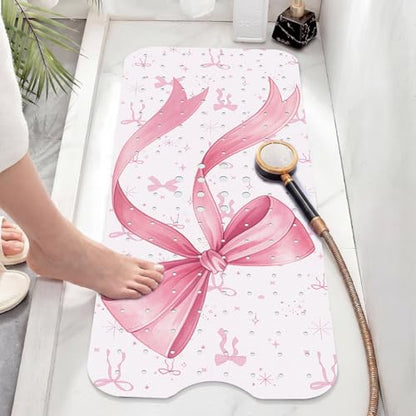 Breling Non-Slip Pink Bow Bathtub Shower Mat Extra Long (40" x 16") - Cute Bow Print Bath Mat with Drain Holes & Suction Cups, Machine Washable Coquette Preppy Bathmat for Bathroom Floor Women Girls - style: Pink Bow