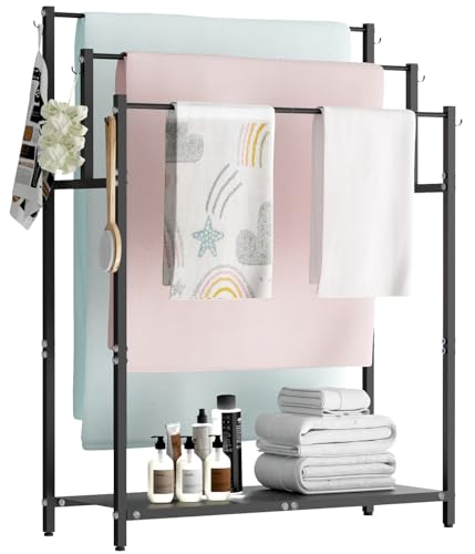 Mondazie 44” Free Standing Towel Racks for Bathroom Towel Storage, Black | 3 Tier Oversized Pool Towel Drying Rack Outdoor, Blanket Ladder Holder with Shelf & 6 Hooks for Bedroom Living Room Poolside - color: Black