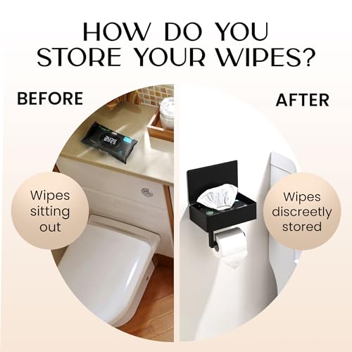 Day Moon™ Matte Black Toilet Paper Holder with Shelf & Wipe Storage, Bathroom Roll Holder with Built-in Wipe & Tampon Holder, Wall Mounted Flushable Wipe Dispenser - color: Matte Black