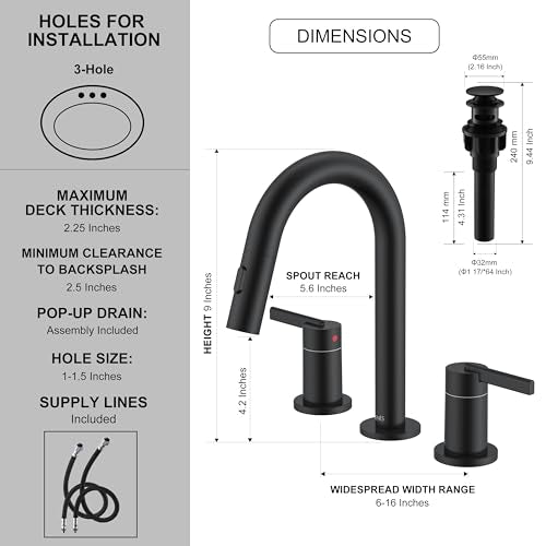 Matte Black Pull Down Widespread Bathroom Faucet 2 Handle 3 Hole | Pull Out Bathroom Faucet with Pop Up Drain & Supply Lines, Lead-Free cUPC & NSF Certified, 8 Inch Faucet for Vanity RV Sink - color: Matte Black