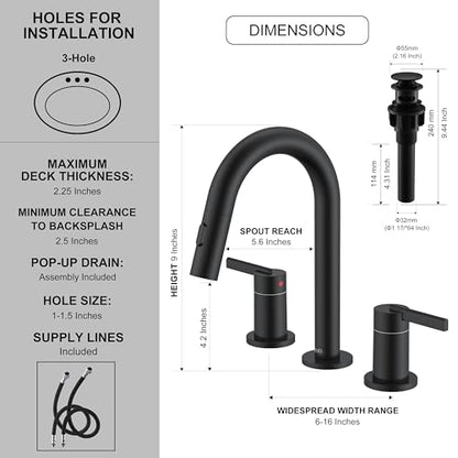 Matte Black Pull Down Widespread Bathroom Faucet 2 Handle 3 Hole | Pull Out Bathroom Faucet with Pop Up Drain & Supply Lines, Lead-Free cUPC & NSF Certified, 8 Inch Faucet for Vanity RV Sink - color: Matte Black