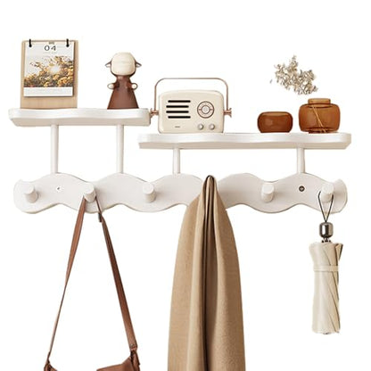 Wall-Mounted Coat Rack with Shelf, Wooden Coat Hanger with 6 Sturdy Hooks, Drill-Mounted Design for Hanging Clothes, Hats, Towels, Bags, and Robes (White) - color: White