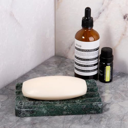 2PCS Koville Indian Natural Green Marble Soap Dish for Shower, Stone Soap Tray for Bathroom, Marble Bar Soap Holder for Sink, Stripe Grooves Soap Saver Sponge Holder - color: Verde Alpi