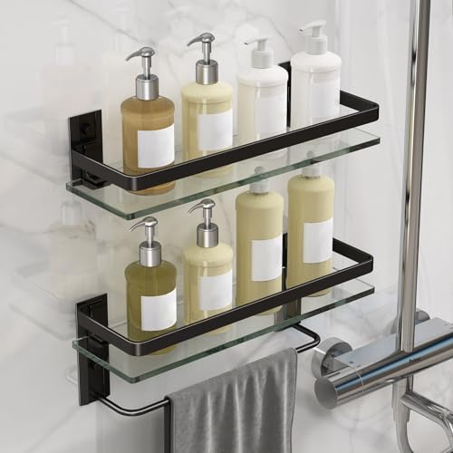 Bathroom Shelves Wall Mounted, Clear Tempered Glass Shelf with Towel Bar, Hand Towel Holder(Matte Black) - color: Black, size: Combo Set