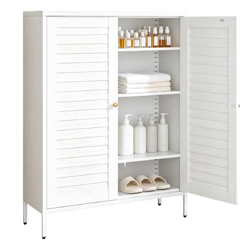 VASAAOSD Metal Bathroom Storage Cabinet, 40.1” Floor Buffet Cabinet White | Adjustable Shelves, Metal, Fluted Doors, Small Storage Sideboard for Bathroom, Kitchen, Living Room, Dining Room, Entryway