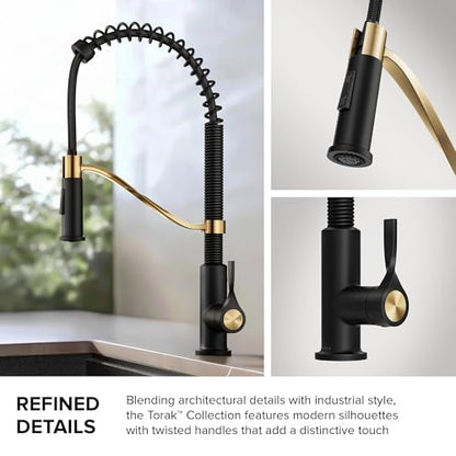 KRAUS Torak Pull Down Kitchen Faucet in Spot-Free Brushed Brass/Matte Black with Commercial Style Spring Spout, 2 Function Sprayer, Pre-Attached Water Lines, and Mounting Hardware, KPF-2635SFBBMB - color: Spot Free Brushed Brass/Matte Black, style: Commer