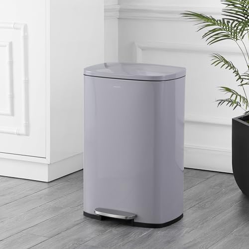 happimess Connor 2-Piece Iron Trash Can, Gloss Gray | 13.2 And 1.3 Gallons, Rectangular, Soft-Close Lid, Step Pedal, 20 Liners, 26" And 12" Height - color: Fog Gray