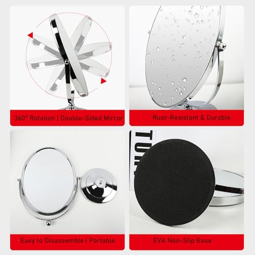 Surdy Vanity Mirror Makeup Mirror with Stand, 1X/3X Magnification Double Sided 360 Degree Swivel Magnifying Mirror, Portable Table Desk Counter top Mirror Bathroom Shaving Mirror