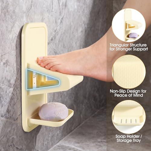 Shower Foot Rest for Shaving Legs, No Drill Strong Adhesive (Milky White) | The shower foot rest features a drainable soap storage box and is made of thickened plastic, ensuring durability and safety. - color: Milky White