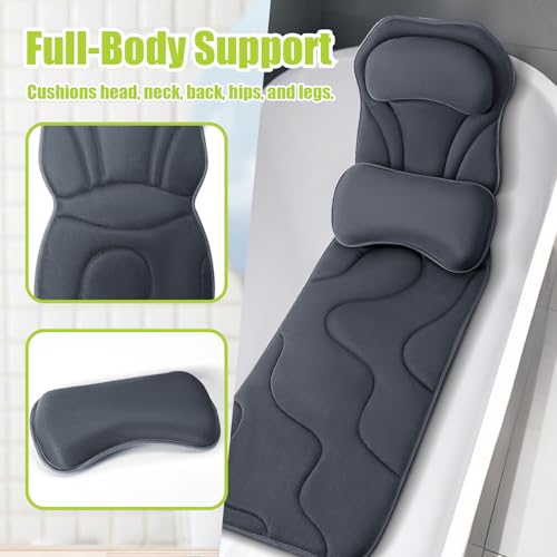 Full Body Bath Pillow for Tub - Extra Long & Thick Tub Pillow | Head, Back & Lumbar Support, 168 Non-Slip Suction Cups, Soft 5D Mesh Spa Cushion, Fits All Tubs-Gift for Soaking(Gray) - color: Grey