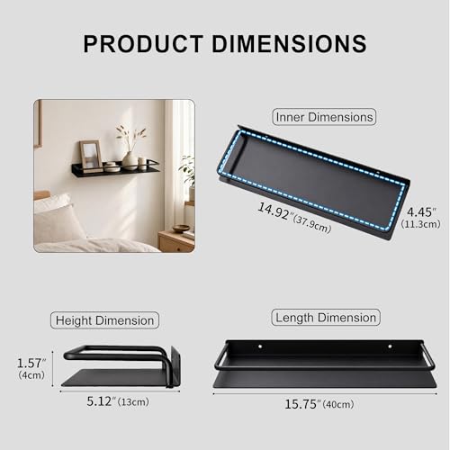 RFOUO 16 Inch Small Metal Wall Shelf with Guard Rail,Black,1 Pack | Small Bathroom Shelf, Wall Mounted, Aluminum Floating Shelf, For Toothbrush Perfume Spice,Bathroom Bedroom Kitchen - color: Black, size: 16Inch
