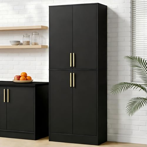 Housoul 71" Tall Pantry Cabinet, 4 Doors Kitchen Pantry Storage Cabinet, Freestanding Larder Cupboard, Kitchen Hutch with Gold Handles for Dining Room, Bathroom, Black - color: Black