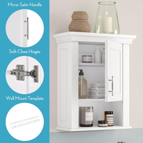 RiverRidge Somerset Single Door Wall Mount Medicine Cabinet, White | Bathroom Wall Storage Cabinet Shelf with Open Display Shelf, Two-Tone Handle and Coved Top Detailing