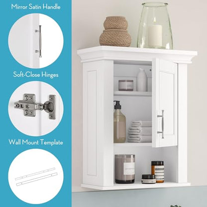 RiverRidge Somerset Single Door Wall Mount Medicine Cabinet, White | Bathroom Wall Storage Cabinet Shelf with Open Display Shelf, Two-Tone Handle and Coved Top Detailing