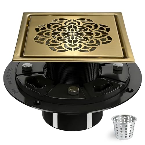 6 Inch Shower Drain, Square Shower Floor Drain Kit with Flange and Removable Cover Grate, AISI 304 Stainless Steel, Brushed Gold - color: Brushed Gold, size: 6 inches
