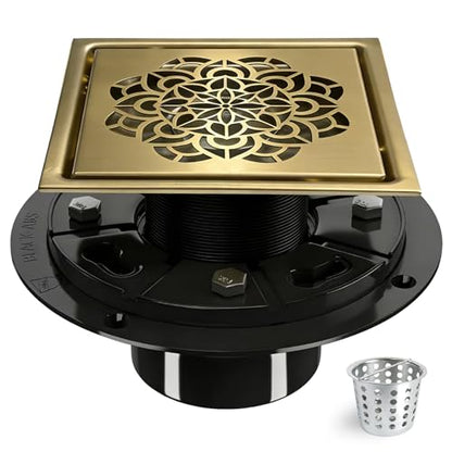 6 Inch Shower Drain, Square Shower Floor Drain Kit with Flange and Removable Cover Grate, AISI 304 Stainless Steel, Brushed Gold - color: Brushed Gold, size: 6 inches