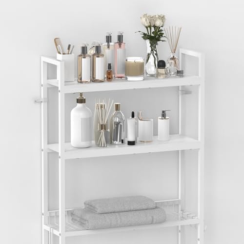 Over Toilet Bathroom Organizer with Toilet Paper Holder | White Over the Toilet Shelf, Over the Toilet Storage Cabinet, Heavy Duty Metal 3 Tier Bathroom Organizer Shelf with 3 Hooks - color: White