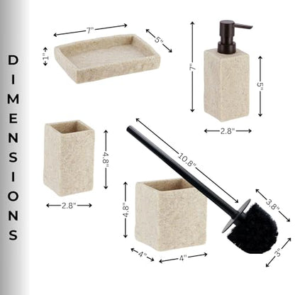 Collection Stone Effect Bath Accessory Set-4 Pieces, Resin, Tumbler,Natural | Soap Dispenser, and Toilet Brush Holder, Contemporary, Durable Construction, Bathroom Accessories Set, Housewarming Gift Set - size: Natural