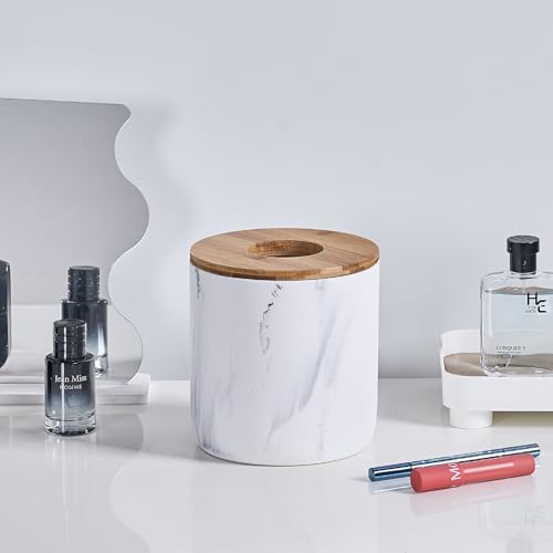 Polytree Marble White Mini Trash Can with Bamboo Lid,Small Countertop Trash Can,Desk Trash Can,Table top Mini Garbage Cans,Resin Tiny Waste Basket - color: Mini White