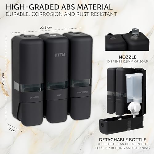 Shower Shampoo Dispenser 3 Chamber No Drill Wall Mounted Matte Black | No-drill stick-on install | Lockable pump | Refillable 250ml x 3 | Soap body wash conditioner | Bathroom hotel