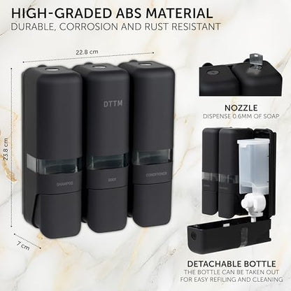 Shower Shampoo Dispenser 3 Chamber No Drill Wall Mounted Matte Black | No-drill stick-on install | Lockable pump | Refillable 250ml x 3 | Soap body wash conditioner | Bathroom hotel