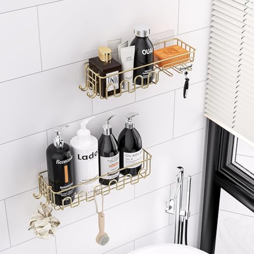 4-Pack Adhesive Shower Caddy, Wall Mounted Bathroom Shelf, Gold | 2 Open Grid Baskets, Drill-Free Adhesive, 2 Detachable Hooks, Rustproof Metal, Ideal Bathroom Kitchen Shelf, Holds 25Lbs - color: Gold