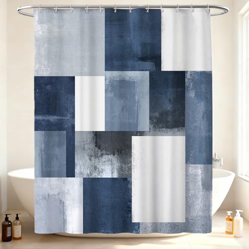 Navy Blue Black Shower Curtain, Modern Geometry Plaid Check Shower Curtains for Bathroom, Ombre Abstract Waterproof Polyester Fabric Shower Curtain Set with Hooks, Standard Size 72 x 72 inches - color: Blue Black