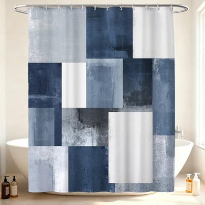 Navy Blue Black Shower Curtain, Modern Geometry Plaid Check Shower Curtains for Bathroom, Ombre Abstract Waterproof Polyester Fabric Shower Curtain Set with Hooks, Standard Size 72 x 72 inches - color: Blue Black