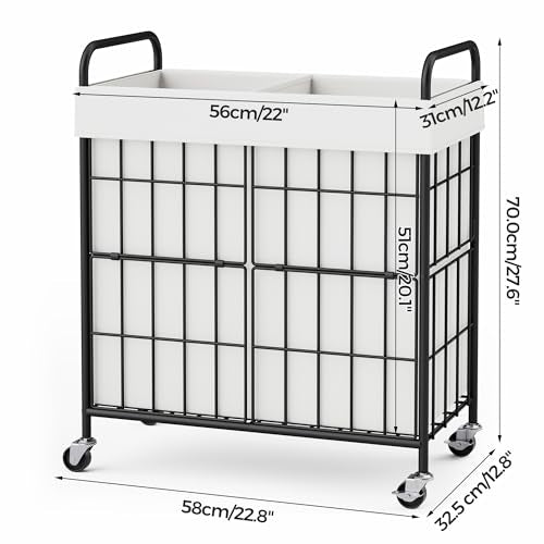100L 2-Section Laundry Hamper with Wheels, Laundry Basket with Liner Bag | Lockable Casters; Divided Removable Liner; Reinforced Steel Frame; Metal Handle - color: White, size: 100L-2 Sections