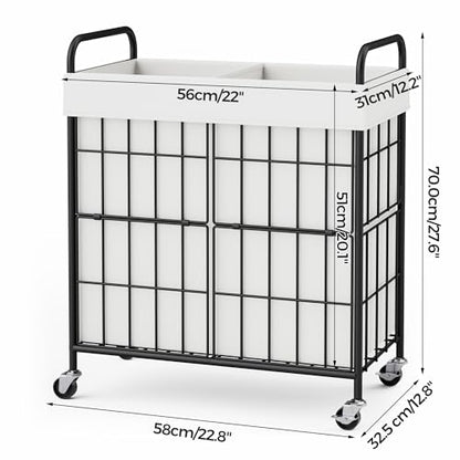 100L 2-Section Laundry Hamper with Wheels, Laundry Basket with Liner Bag | Lockable Casters; Divided Removable Liner; Reinforced Steel Frame; Metal Handle - color: White, size: 100L-2 Sections
